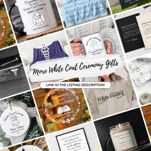 K&ouml;nnte beinhalten: Eine Collage von Geschenken f&uuml;r eine Wei&szlig;e-Kittel-Zeremonie, darunter Tassen, Decken, Ornamente, ein Sweatshirt, eine Kerze und ein gerahmtes Zitat. Der Text "Mehr Wei&szlig;e-Kittel-Zeremonie-Geschenke" befindet sich in der Mitte des Bildes.