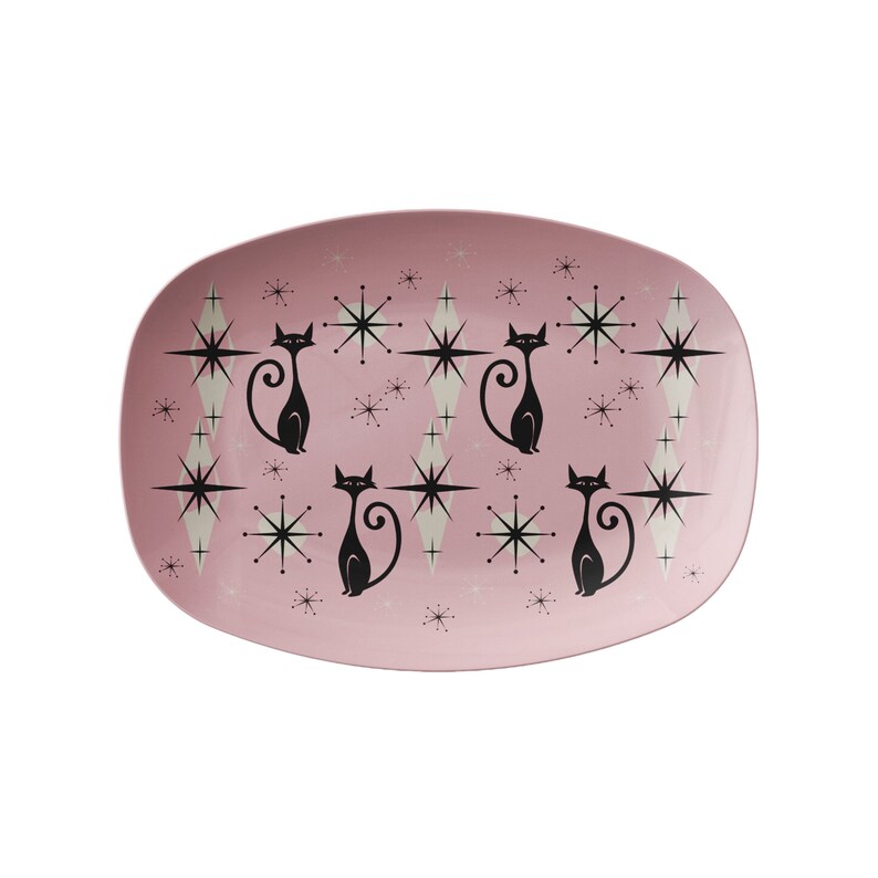 Atomic Cat Kitchenware Retro Mid Century Modern Platter MCM Serving Tray Pink MCM Cat Dinnerware Atomic Age Decor 1950s Decorative Plate