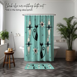 Mid Century Modern Shower Curtain Retro Aesthetic Bathroom Decor MCM Cat Lover Gift Bath Tub Curtain Retro Decor
