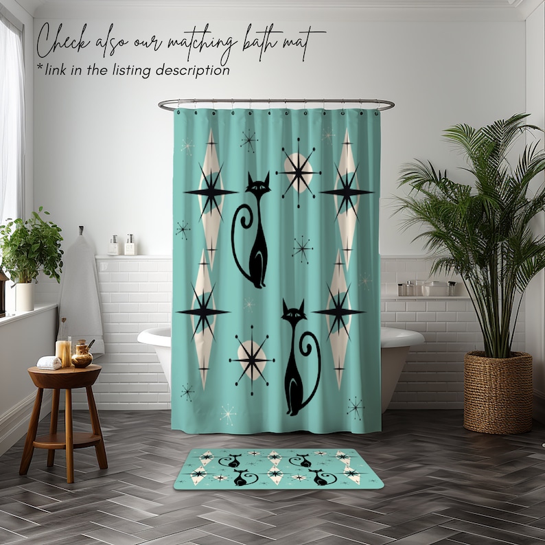 Mid Century Modern Shower Curtain Retro Aesthetic Bathroom Decor MCM Cat Lover Gift Bath Tub Curtain Retro Decor