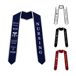 May include: Four graduation stoles in navy blue, white, black, and maroon. Each stole features white text reading Melanie Norris, BSN, RN, University School of Nursing, Class of 2026, and the word NURSING printed vertically on the opposite side.