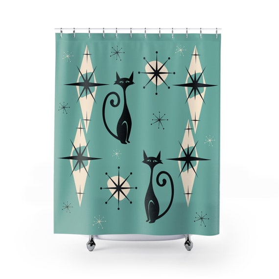 Atomic Cat Shower Curtain Mid Century Modern Shower Curtain Retro Aesthetic Bathroom Decor MCM Cat Lover Gift Bath Tub Curtain Retro Decor