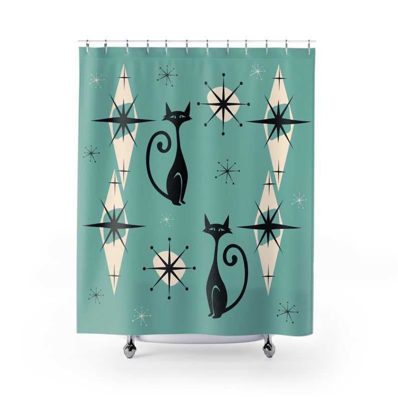 Atomic Cat Shower Curtain Mid Century Modern Shower Curtain Retro Aesthetic Bathroom Decor MCM