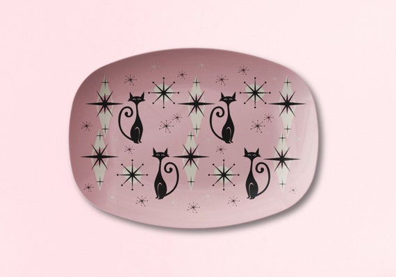 Atomic Cat Kitchenware Retro Mid Century Modern Platter MCM Serving Tray Pink MCM Cat Dinnerware Atomic Age Decor 1950s Decorative Plate
