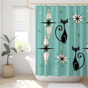 Atomic Cat Shower Curtain Mid Century Modern Shower Curtain Retro Aesthetic Bathroom Decor MCM