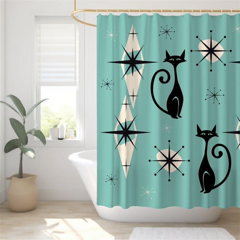 Atomic Cat Shower Curtain Mid Century Modern Shower Curtain Retro Aesthetic Bathroom Decor MCM