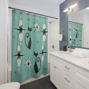 Mid Century Modern Shower Curtain Retro Aesthetic Bathroom Decor MCM Cat Lover Gift Bath Tub Curtain Retro Decor