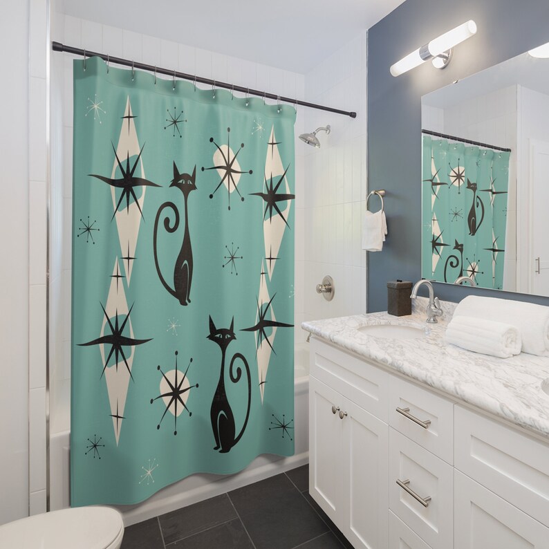 Mid Century Modern Shower Curtain Retro Aesthetic Bathroom Decor MCM Cat Lover Gift Bath Tub Curtain Retro Decor
