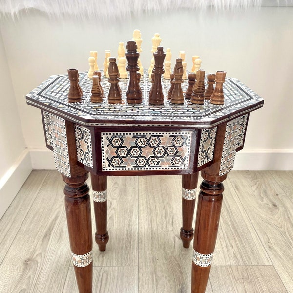SALE!!! Luxurious Mother of Pearl Chess Table with Metallic Gold Leaf Inlay, Wooden chess pieces, A perfect Luxury Gift (16")