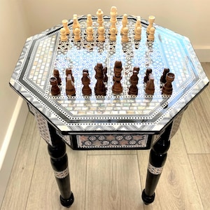 SALE!!! Luxurious Mother of Pearl Chess Table with Metallic Gold Leaf Inlay, Wooden chess pieces, A perfect Luxury Gift (16")