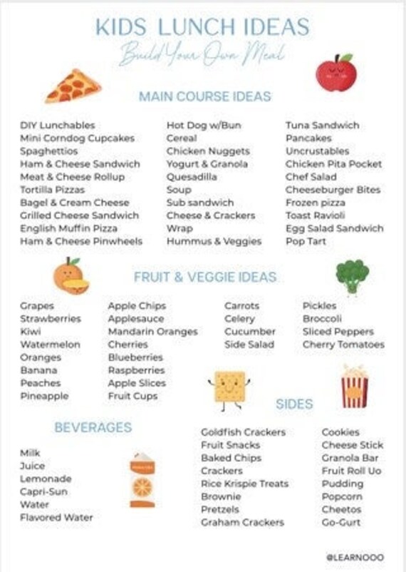Kids Meal Planner Kids Lunch Ideas Printable School Lunch - Etsy