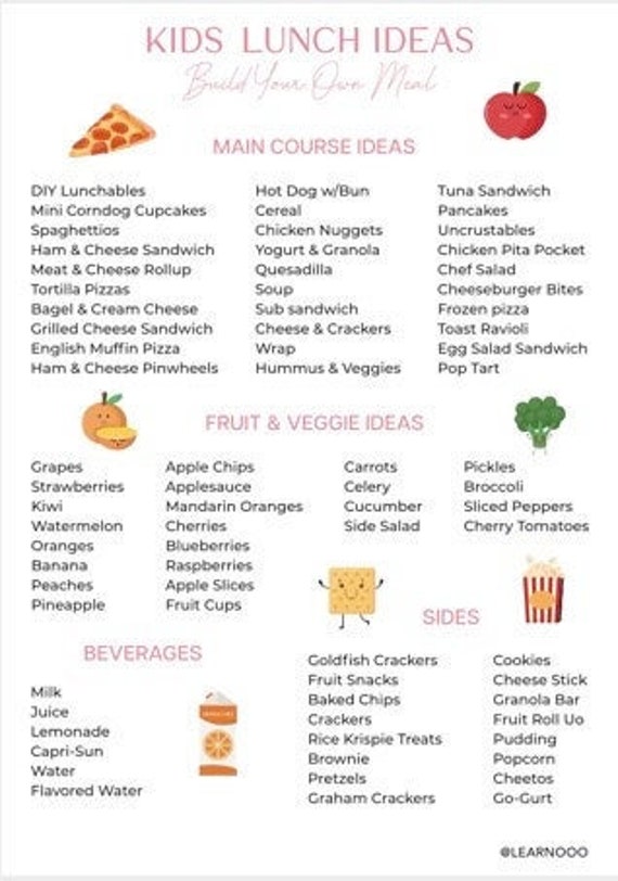 Kids Meal Planner Kids Lunch Ideas Printable School Lunch - Etsy
