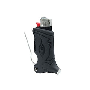 May include: Black lighter with a built-in poker tool. The lighter has a red button and the poker tool is made of metal. The lighter has the words "Toker Poker" printed on the side.
