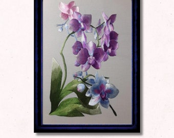 Framed Elegant Orchid Flower Thread painting - Apartment Decor Aesthetic - Salon decor  Botanical Wall Art - Unique Wall Hanging