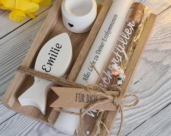 Geschenkset zur Kommunion, Konfirmation, Firmung, Geldgeschenk, Fisch, Kerze, Kerzenhalter, Raysin, Reagenzglas.