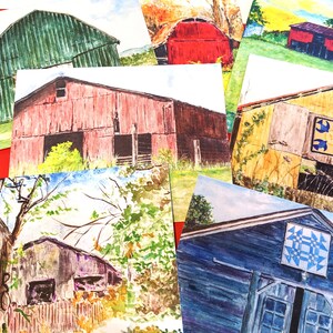 May include: A collection of watercolor paintings featuring various barns with different colors and styles. The barns are painted in a realistic style with details like windows, doors, and roofs. Some of the barns have unique features like a quilt block design on the side.