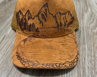 Hand Burned Suede Trucker Hat, Western Style Trucker Hat  display picture 1