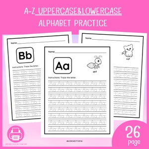 26 Letras de rastreo del alfabeto A-Z, letras mayúsculas y minúsculas, práctica de escritura a mano, preescolar-jardín de infantes, hoja de trabajo imprimible.