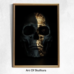 Schädel Schwarz und Gold, Poster Druck, Wohnzimmer Wand Kunst, Dunkel Kunstdruck, Gothic Wand Kunst, Dekoration Geschenk für Goth,
