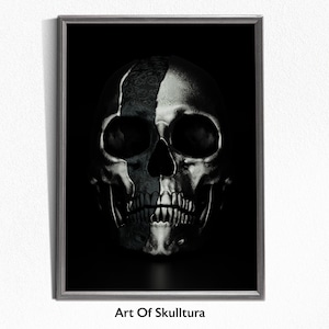 Poster Schädel, Schädel Poster, Gothic Wandkunst, Schwarzweiß, Schädel Wandkunst, Hochwertige Drucke, Memento Mori, Silberner Schädel