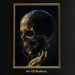 Goldener Schädel Wand Kunst Poster - Luxuriöses Gothic Dekor - Einzigartige Schwarz und Gold Wandkunst - Ideales Geschenk für Schädel Enthusiasten