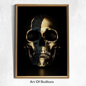 Dark Art Poster, Gothic Style, schwarz-goldener Schädel, Poster-Druck, Wohnzimmer Wandkunst, Original Wandkunst, Dekoration Gothic Geschenk,