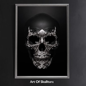 Schädel Poster-Druck, dunkle Kunst Poster, Gothic Wandkunst, schwarz und weiß, Schädel Wandkunst, hochwertige Drucke, Fine Art, Memento Mori, silber,
