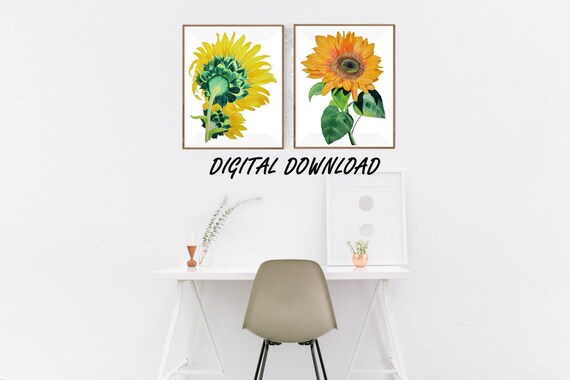 Set of 2 Art Print Sunflower Printable Wall Art Watercolor - Etsy