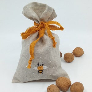 100% Linen Bags For Nuts, Hand Embroidered Bags, Tea Bags, For Home,For Kitchen, Bags With Embroidered Bees image 6