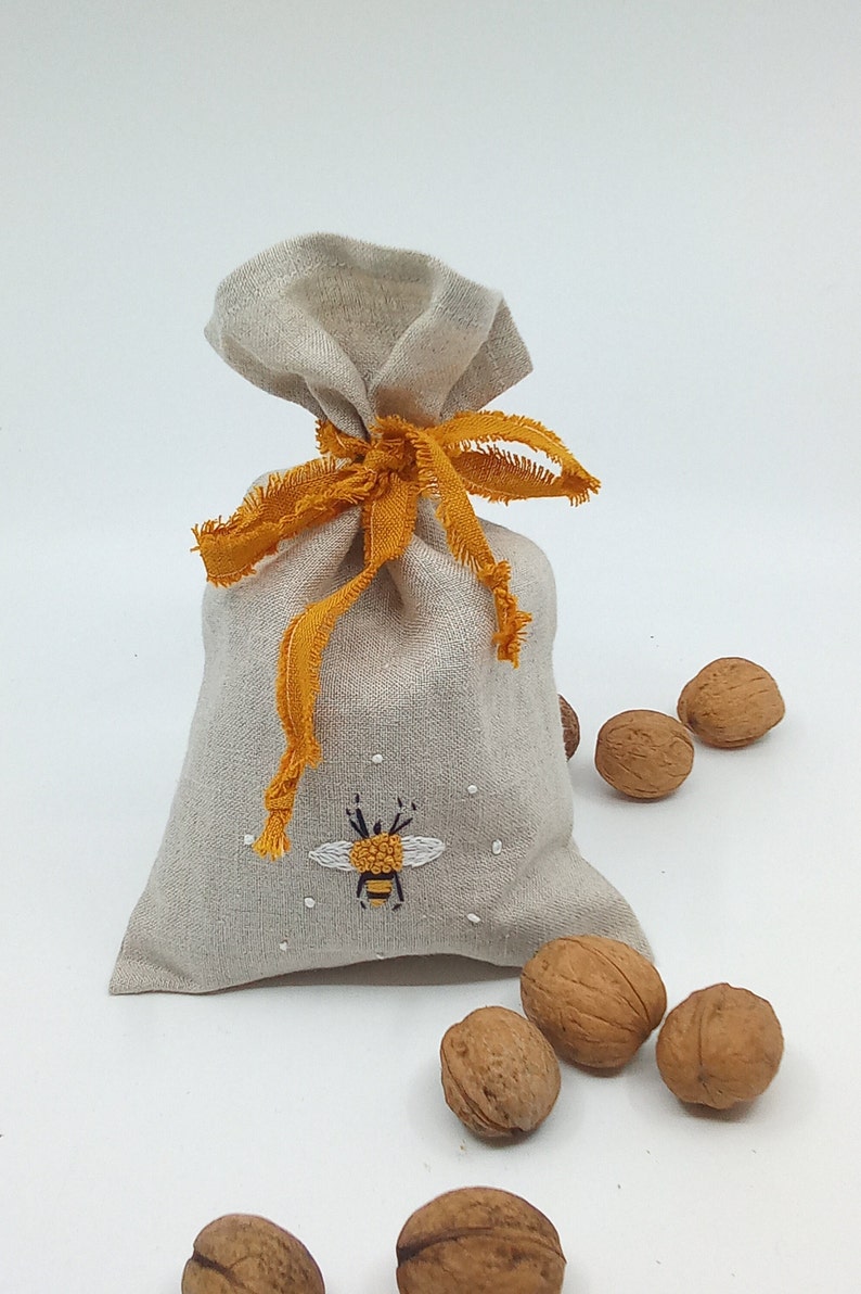 100% Linen Bags For Nuts, Hand Embroidered Bags, Tea Bags, For Home,For Kitchen, Bags With Embroidered Bees image 6