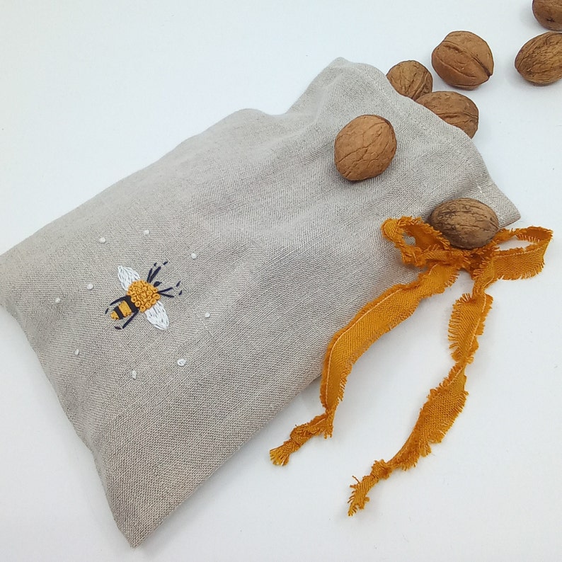 100% Linen Bags For Nuts, Hand Embroidered Bags, Tea Bags, For Home,For Kitchen, Bags With Embroidered Bees Natural linen
