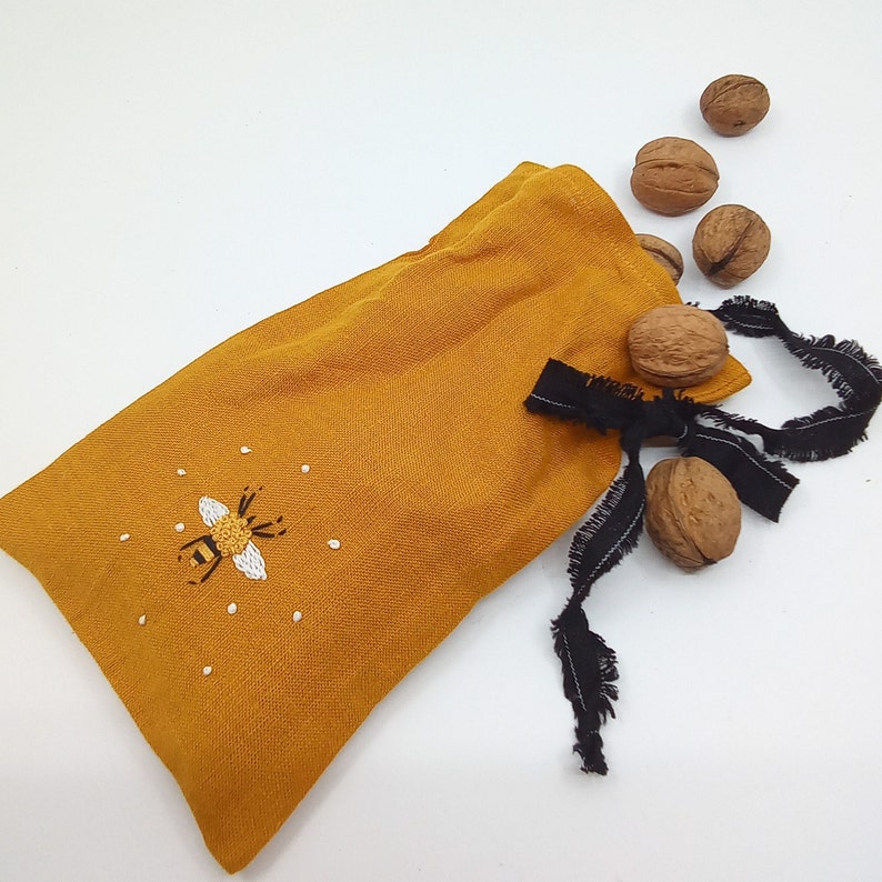 100% Linen Bags For Nuts, Hand Embroidered Bags, Tea Bags, For Home,For Kitchen, Bags With Embroidered Bees Yellow
