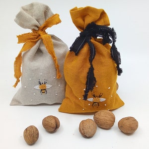 100% Linen Bags For Nuts, Hand Embroidered Bags, Tea Bags, For Home,For Kitchen, Bags With Embroidered Bees image 7