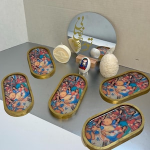 Set Haft Sin, Capodanno persiano, decorazione Haft See, Sofreh Haftseen, calligrafia persiana Nastaliq, donne persiane danzanti