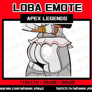 May include: Digital illustration of a character from Apex Legends, with the text "LOBA EMOTE" and "APEX LEGENDS." The character is shown from the waist down, in a white and red outfit. The image includes social media handles.