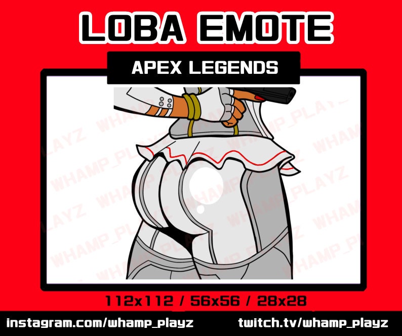 May include: Digital illustration of a character from Apex Legends, with the text "LOBA EMOTE" and "APEX LEGENDS." The character is shown from the waist down, in a white and red outfit. The image includes social media handles.