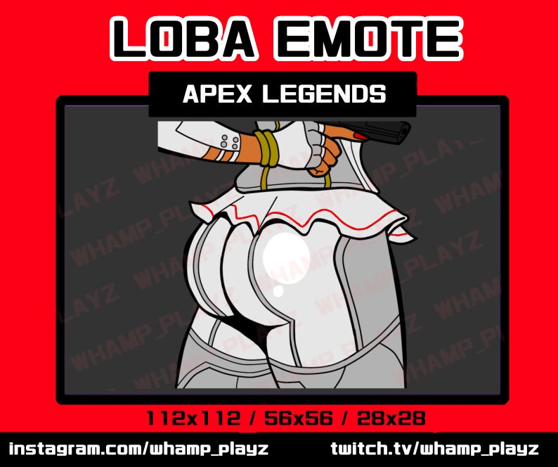 May include: A cartoon illustration of Loba from Apex Legends, in a white and silver outfit, holding a gun. The image includes the text "LOBA EMOTE" and "APEX LEGENDS". The background is red and gray.