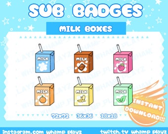 Cute Milk Box Sub Badges | Twitch | Youtube | Discord | Stream | Kawaii | Carton | Bits