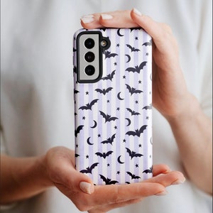 Pastel Goth Striped Bats and Moons Aesthetic Phone Case, Trendy Cute Indie iPhone Galaxy Pixel Gift