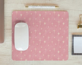 Pink Desk Decor Stars Aesthetic Mouse Pad, Trendy Celestial Boho Office Accessories