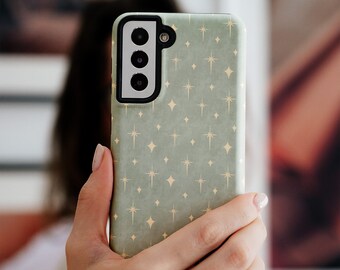 Retro Celestial Sage Green Phone Case, Trendy Cute Stars Aesthetic iPhone Galaxy Pixel Gift