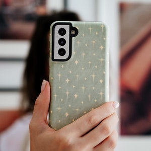 Retro Celestial Sage Green Phone Case, Trendy Cute Stars Aesthetic iPhone Galaxy Pixel Gift