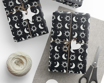 Celestial Night Sky Rustic Sun Moon Wrapping Paper, Witchy Gift Wrap, Moon and Stars Gift Wrap