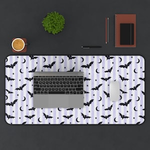 Pastel Goth Decor Bats and Moons Deskmat, Indie Celestial Aesthetic Desk Decor