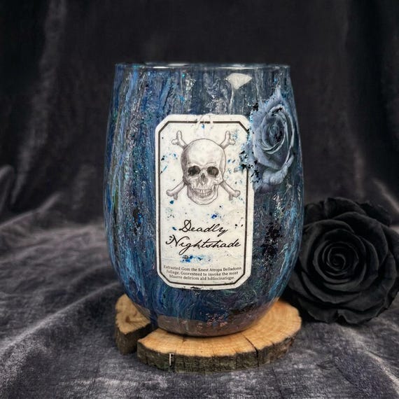 One of a Kind Hand Painted Acrylic Deadly Nightshade Gothic Apothecary Wine Glass, Hand Poured Poison Garden Decor | Black Rose Glass
