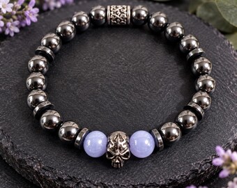 Hematite Aquamarine Skull Bracelet | Gothic Gemstone Jewelry, Strength Protection