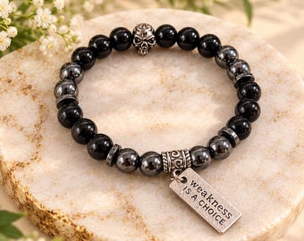 Black Obsidian Hematite Bracelet, Strength Protection Charm, Handmade Gemstone Jewelry