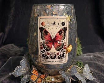 One of a Kind Antisocial Butterfly Tarot Wine Glass, Hand Painted, Hand Poured, Celestial Moon Stars Acrylic