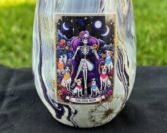 The Dog Mom Gothic Tarot Wine Glass | Handmade Hydro Dipped Stemless Wine Glass | Dog Mom Gift | Unique Pet Lover Gift