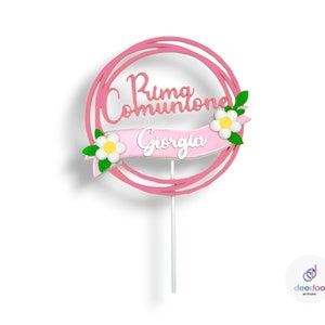 Topper Cake Prima Comunione Personalizzabile cerchio con fiori_ per Bimbo o Bimba